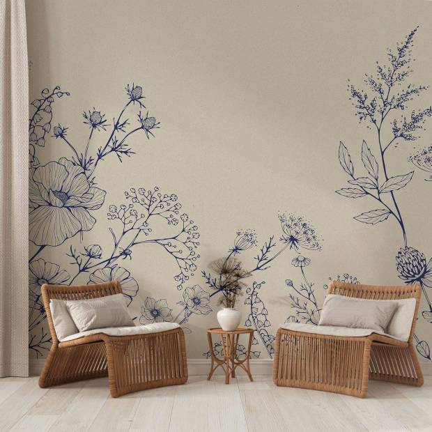 Papier peint Panoramique sur mesure Blue Linear Flowers en intissé